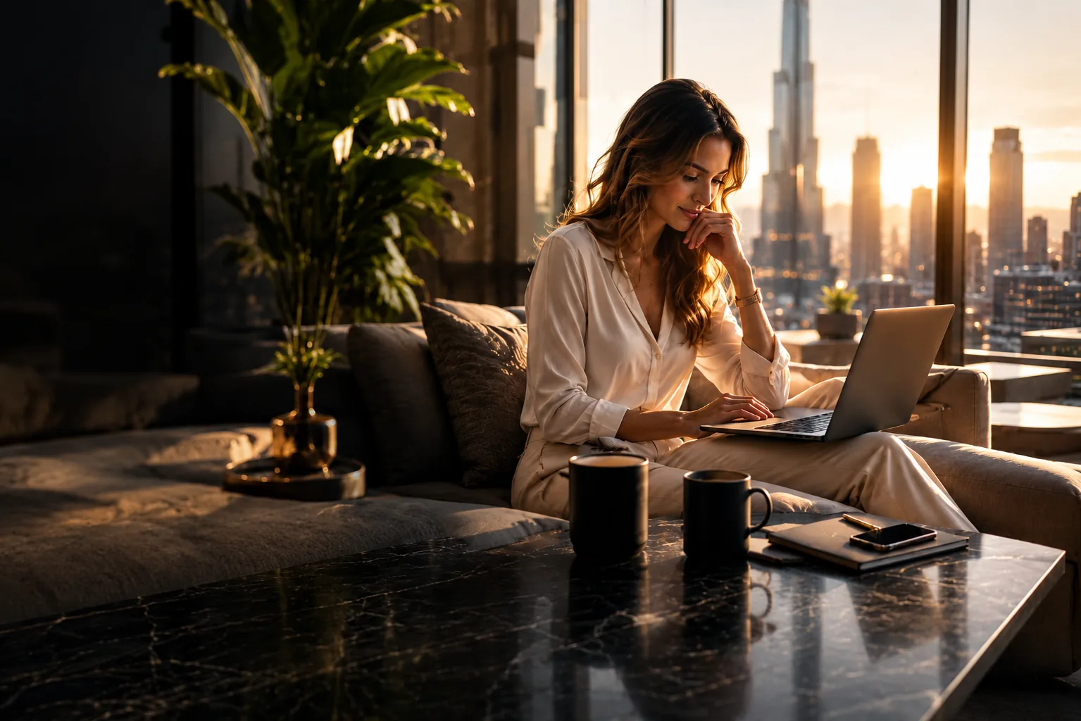 Woman reviewing personal loan options on a laptop at sunset with a city skyline